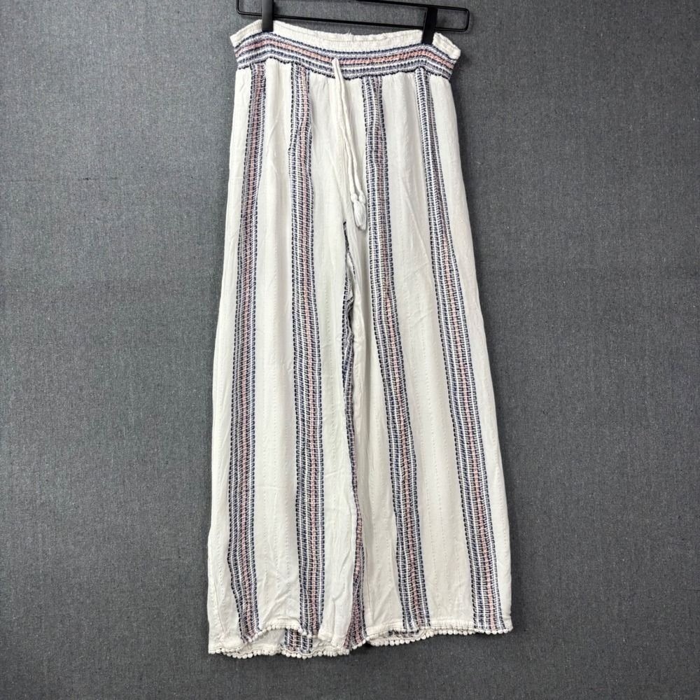 Goa by Japna Wide Leg Pant Women Large White Striped Pom Pom Boho Beach Cover Up